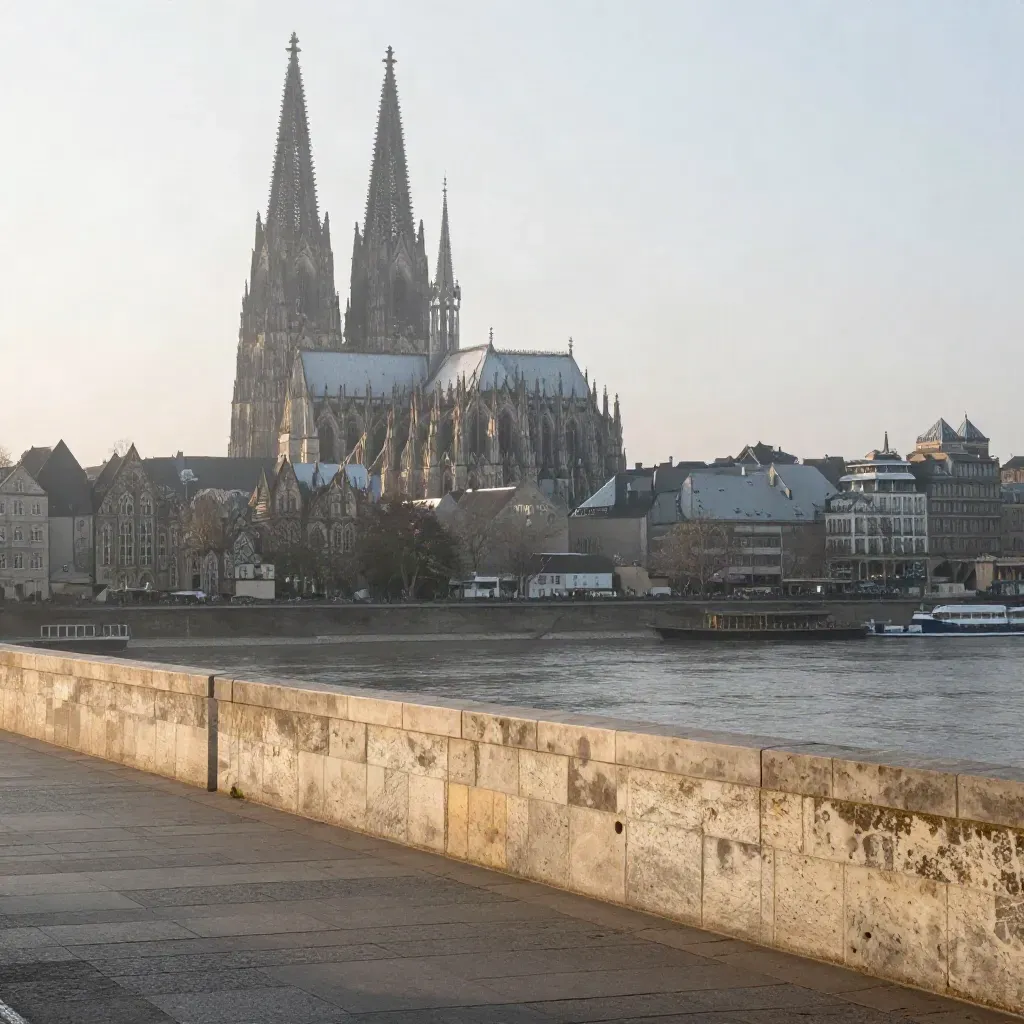 Köln mit Dom im Dunst, ruhiges Rheinufer und viel freie Fläche für Text